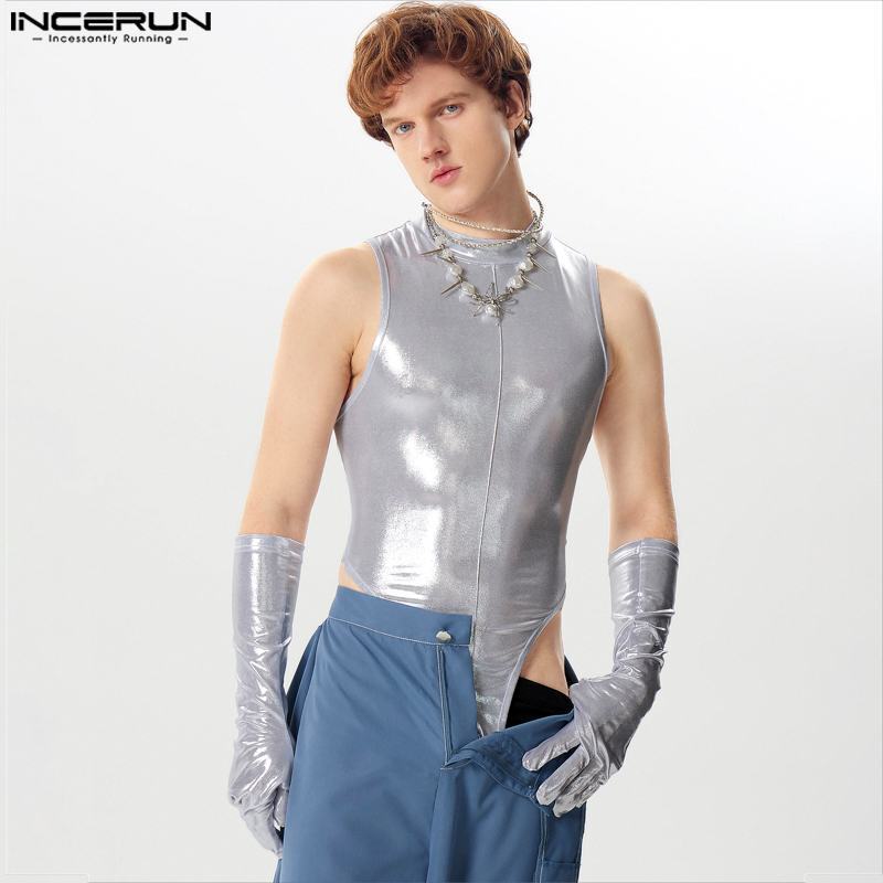 INCERUN 2024 Sexy Handsome Men's Homewear Jumpsuits Stylish Flash Fabric Glove Design Loungewear Male Sleeveless Bodysuits S-5XL