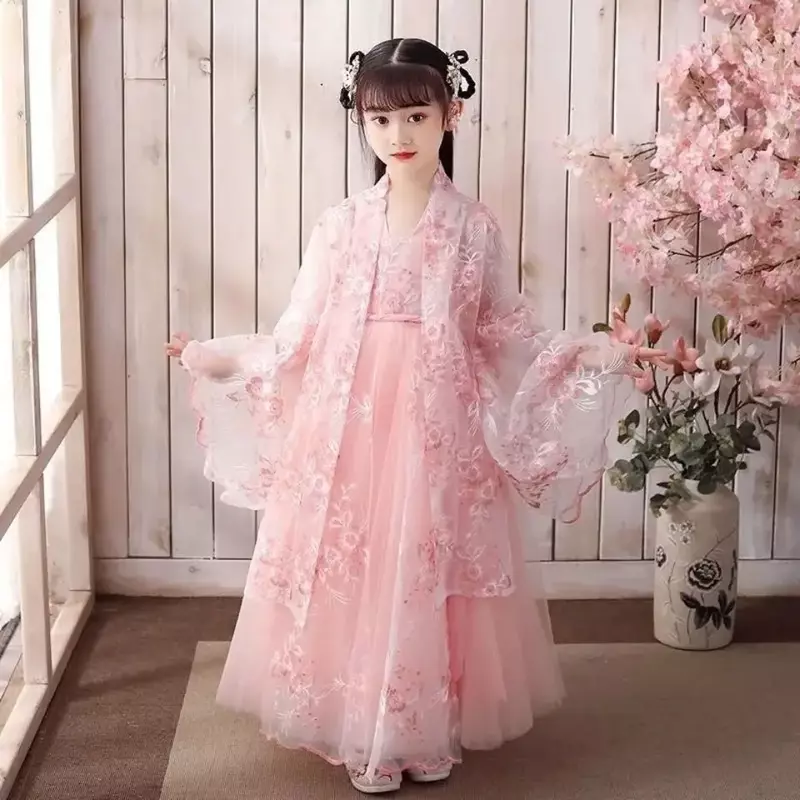 Śliczna haftowana sukienka dla dzieci 3-12T kostium Hanfu chińska księżniczka sukienka japońskie i koreańskie kostiumy dla dzieci dziewczyny Tang