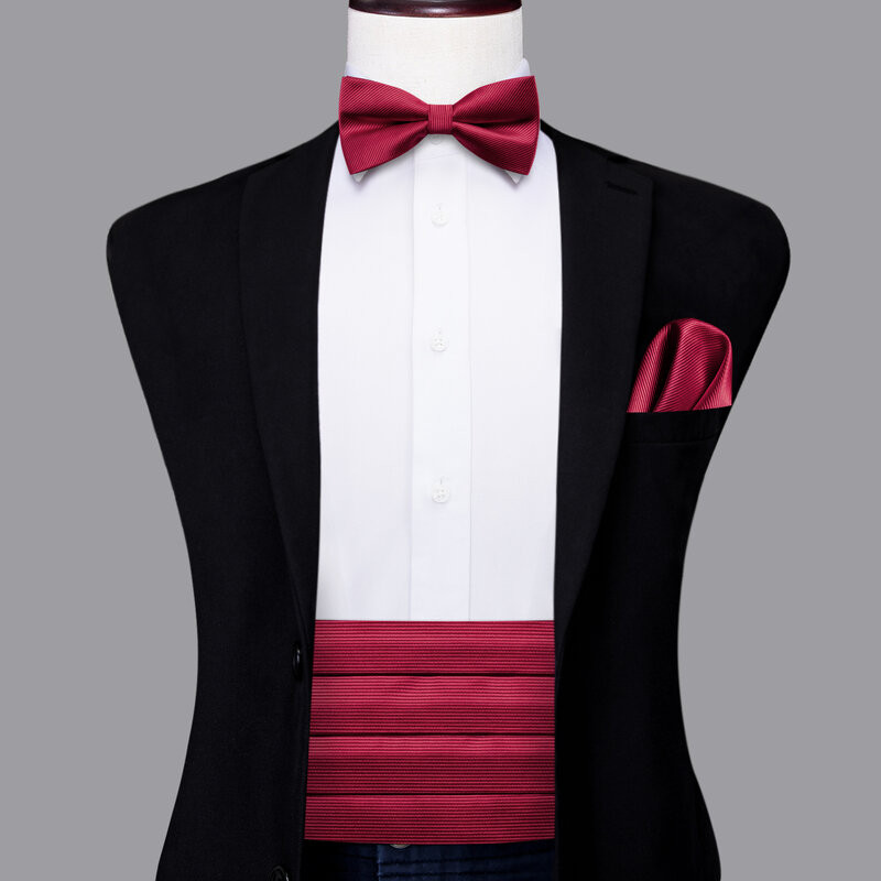 Espartilho masculino de seda Borgonha, cummerbund vintage, gravata borboleta floral jacquard formal, abotoaduras de lenço, espartilho de cinto masculino, banquete de baile