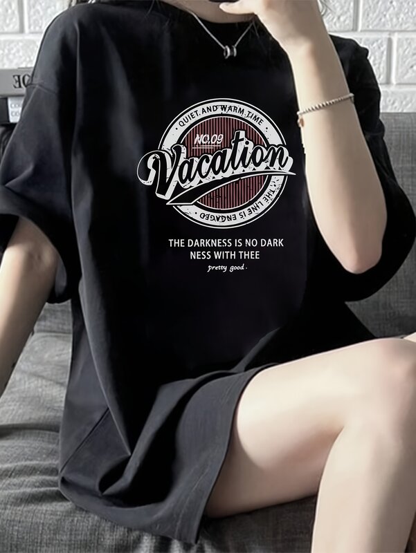 Oversized Letter Print T-Shirt, Casual Crew Neck Drop Sleeve T-Shirt For Spring & Summer, Women's Clothing