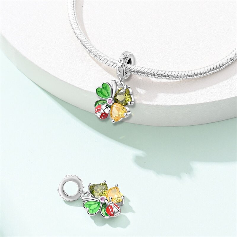 Indah 925 perak murni warna-warni segar semanggi Ladybug Charm Fit gelang Pandora Musim Semi pengakuan perhiasan hadiah