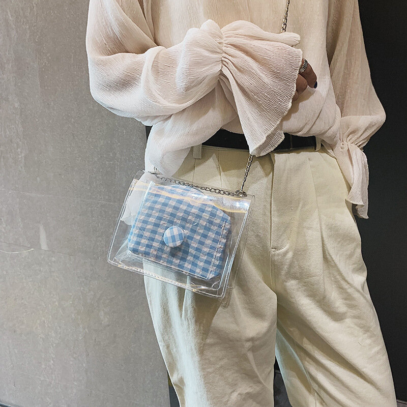 女性用の市松模様のミニバッグ,透明なビーチバッグ,チェーン付きビーチバッグ,ショルダーバッグ,夏