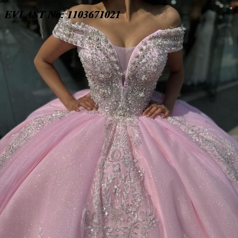 Evlast Prinzessin rosa Quince anera Kleid Ballkleid Applikation Perlen Kristalle mexikanisches Korsett süß 16 vestidos de xv 15 anos sq83