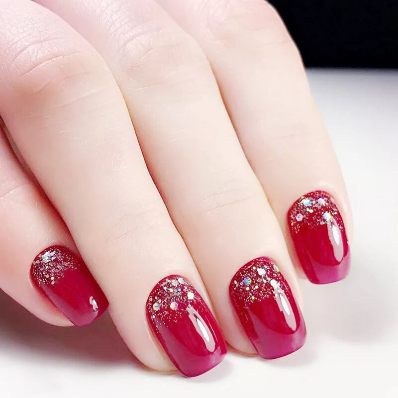 Red with Glitter Setting Short Fake Nails Sweet & Charming Reusable False Nails for Professional Nail Art Salon Supply