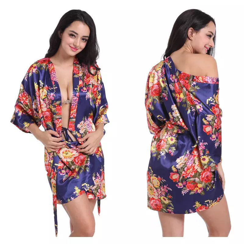 Jubah Kimono Floral Wanita Gaun Balutan Pengantin Satin Pakaian Tidur Jubah Pengiring Pengantin Wanita