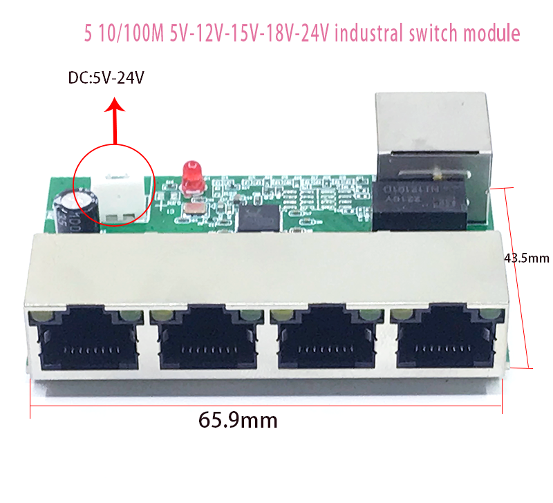 Mini PCBA 5 puertos Networkmini ethernet switch module 10/100Mbps 5V 12V 15V 18V 24V