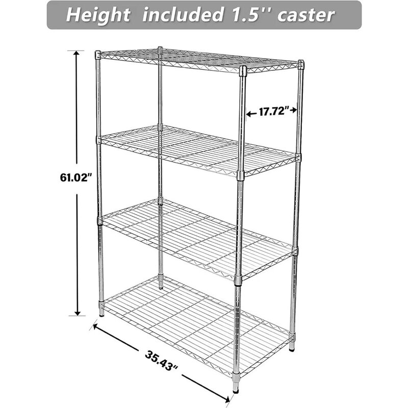 Unité de stockage par étagères à 4 niveaux, capacité de 1000lb, chrome, 35.43 "D x 17.72" W x 61.02 "H inch
