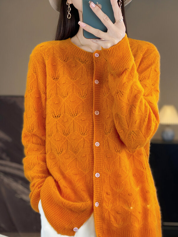 ADDONEE-cardigã feminino com gola O, 100% lã Merino, manga comprida oca, suéter básico de torção, blusa de malha macia, primavera e outono
