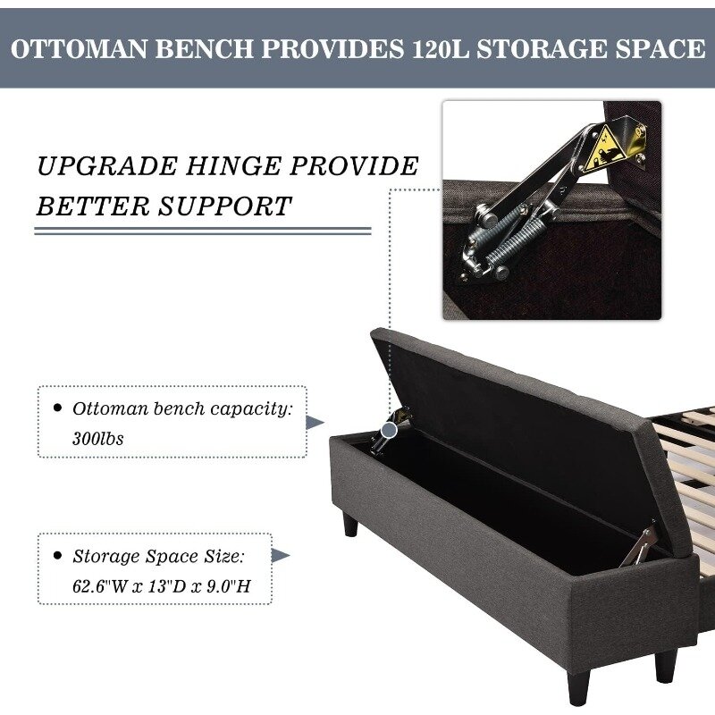 Ottoman Storage, Platform Bed with Upholstered Headboard, Wood Slat Support, No Box Spring Needed, Dark Grey