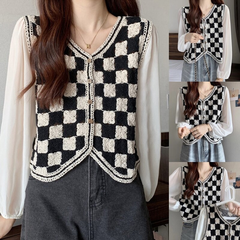 Женская шифоновая блузка 449B, топы, модная черно-белая футболка в шахматную клетку, футболка с длинными рукавами для повседневного ношения