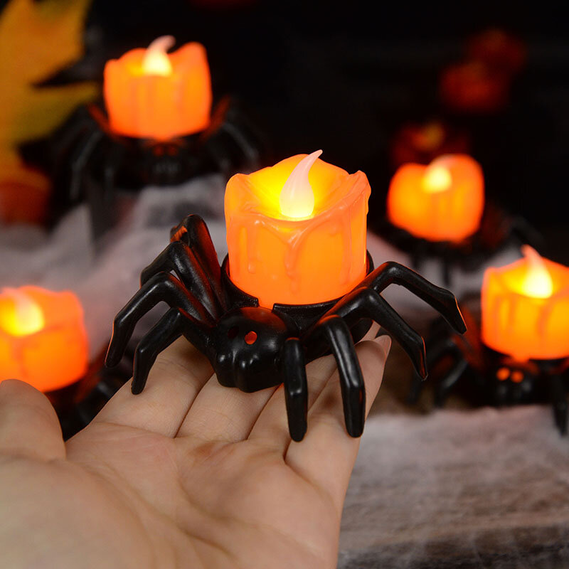 Lampu lilin LED Halloween portabel, lampu lilin labu laba-laba tanpa api untuk rumah Bar perlengkapan dekorasi pesta Halloween