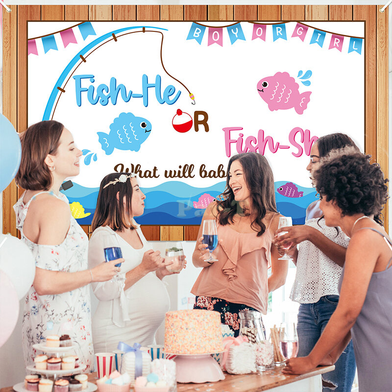 Affiche de révélation du sexe de la pêche, toile de fond de Photo bleu garçon rose fille, décoration de fond pour fête prénatale pour être Parent