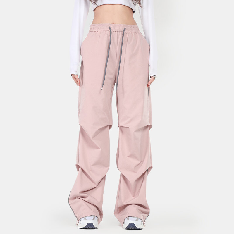 2023solid color sports casual pants summer straight windproof mid-waist straight pleated loose casual belt women's mopping pants