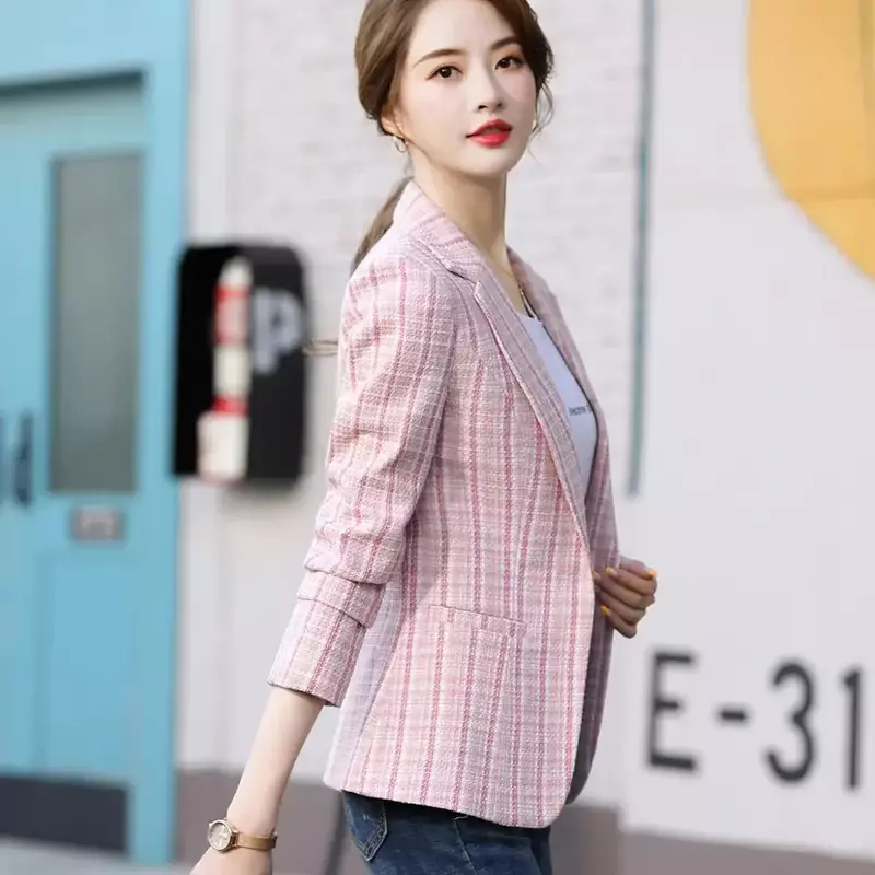 여성 핑크 살구색 격자 무늬 블레이저, 캐주얼 슬림 긴 소매 재킷, 여성 싱글 단추 시크 블레이저 코트, 패션 S-4XL