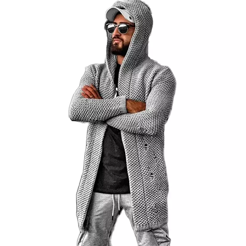 2023 Autumn and Winter European  American Men's Cardigan Solid Color Hooded High Neck Sweater Coat  Warm