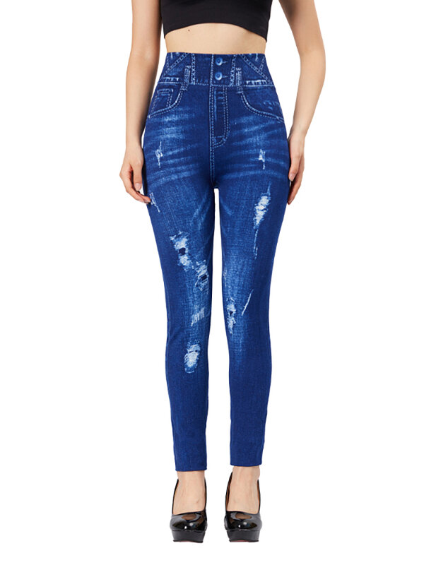 VISNXGI-pantalones de lápiz elásticos para mujer, mallas de mezclilla de imitación, de cintura alta, con agujeros falsos, estampado de bolsillo, color azul