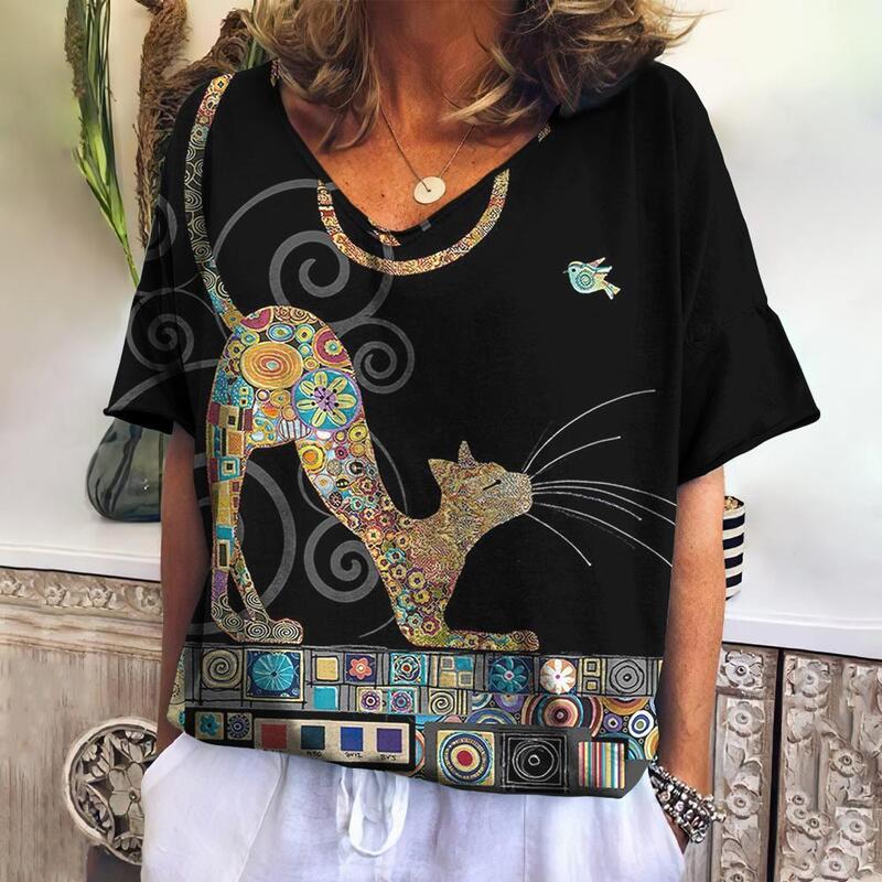 Kaus Wanita leher V lengan pendek, T-shirt motif kucing kartun longgar santai lengan pendek dengan kucing pakaian feminim lucu