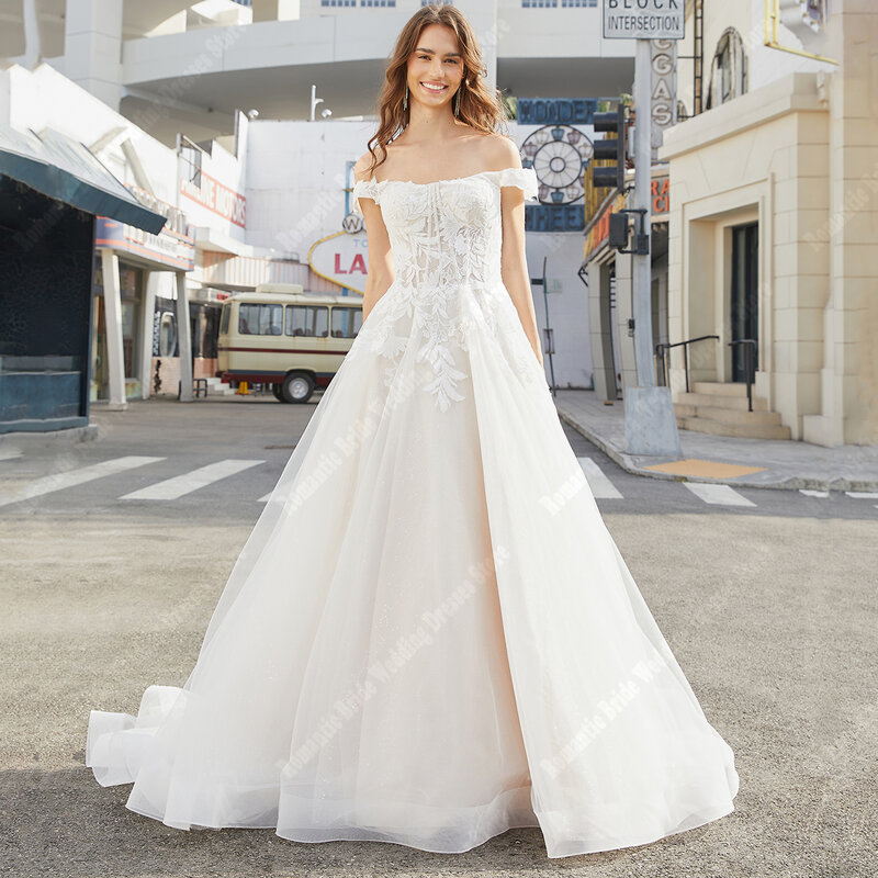 2024 populer dari bahu gaun pernikahan tanpa tali Backless gaun Prom mengkilap Tulle mengepel panjang putri Vestido De Novia