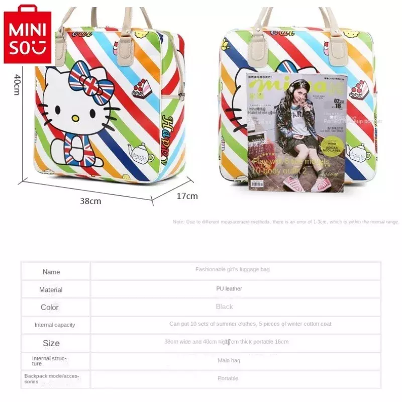 Mala de viagem feminina MINISO-Sanrio, bolsa impressa Hello Kitty, PU impermeável de grande capacidade, bolsa multifuncional para armazenamento de bagagem