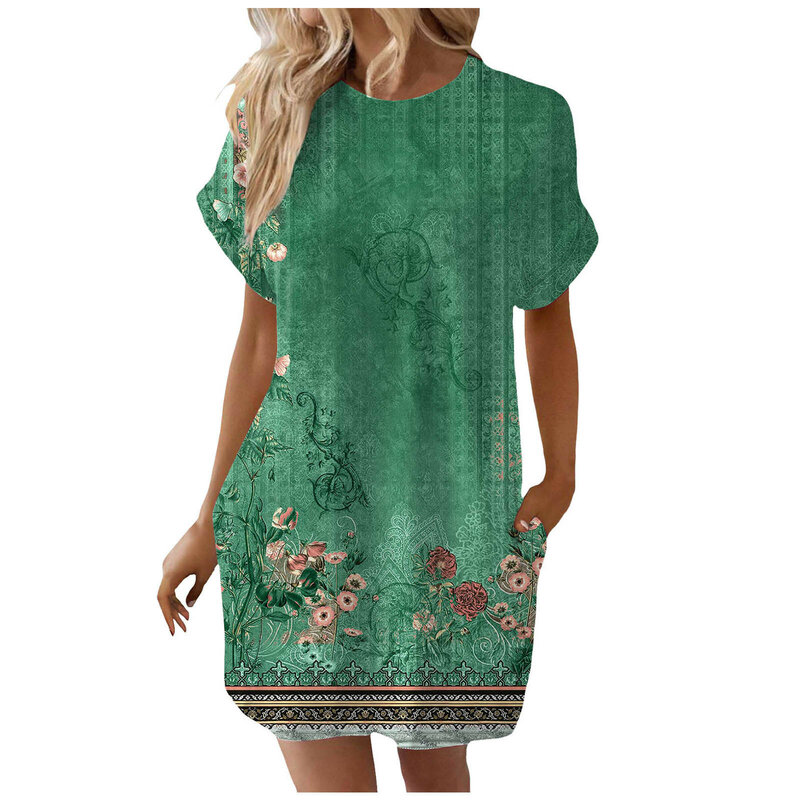 Damska miękka koszulka z krótkim rękawem w stylu Casual, letnia sukienka tunika drukowana luźna sukienka z kieszeniami fantazyjne sukienki dla kobiet
