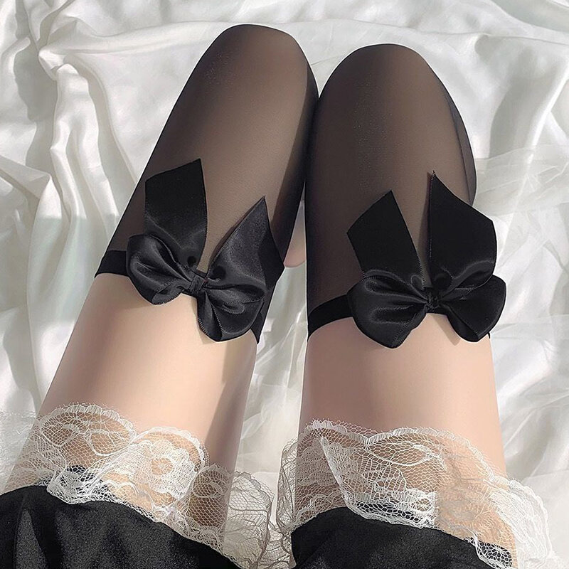 Mulheres Bowknot Lace meias, coxa joelho meias, preto fino Legging, Lolita coxa alta, meia arrastão, gótico Punk meias longas