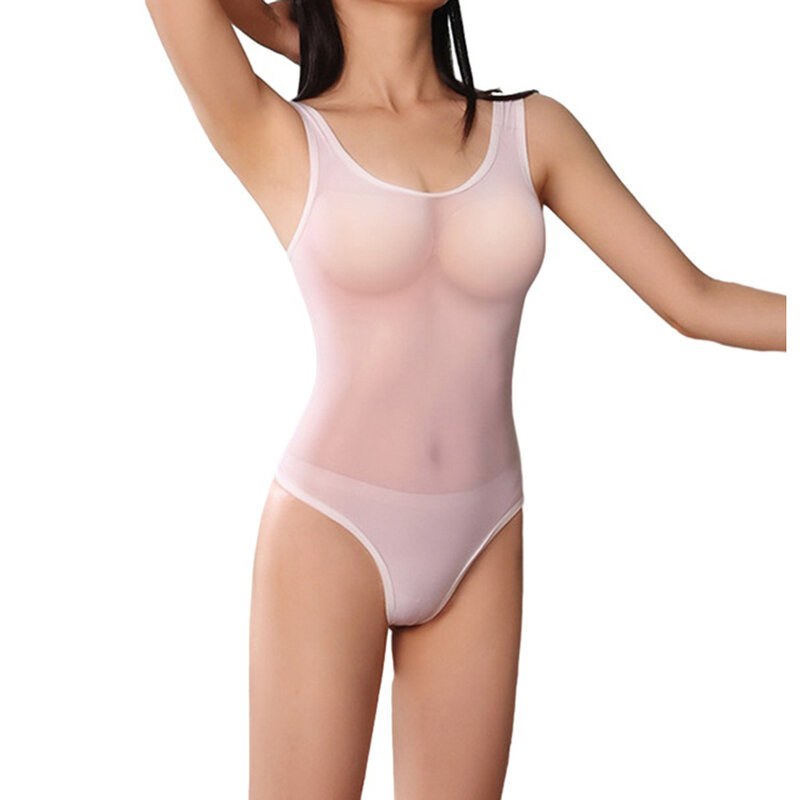 Women Sexy High Cut Bodysuit Oil Shiny Smooth See Through Swimsuit Lingerie Clubwear Transparent Ultra Thin Elastic Swimwear