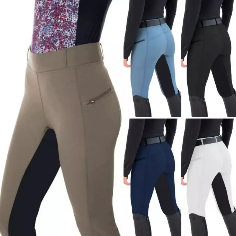 Calças de equitação de cintura alta para mulheres, combinando cores, equestre, bolsos com zíper, slim fit, cavalo respirável, cavalo
