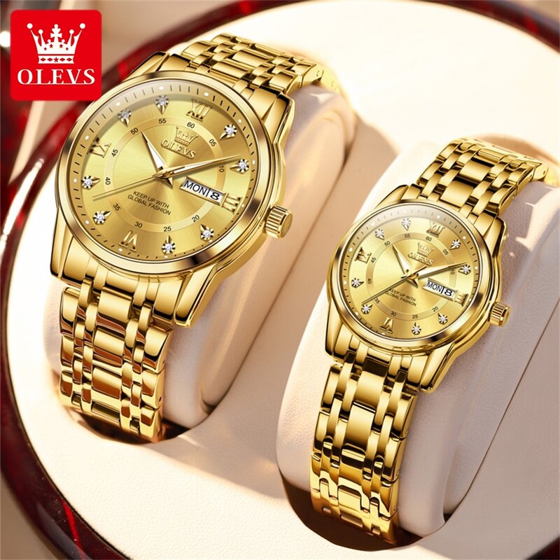 OLEVS jam tangan pasangan, jam tangan Stainless Steel tahan air untuk pria dan wanita, jam tangan mewah emas berlian kekasih 2023