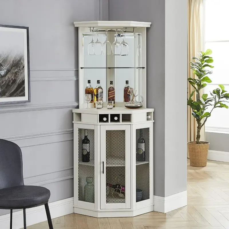 Stone Grey Corner Bar Unit 73" z wbudowanym stojakiem na wino i dolną szafką barową na alkohol i kieliszki| Półka do przechowywania