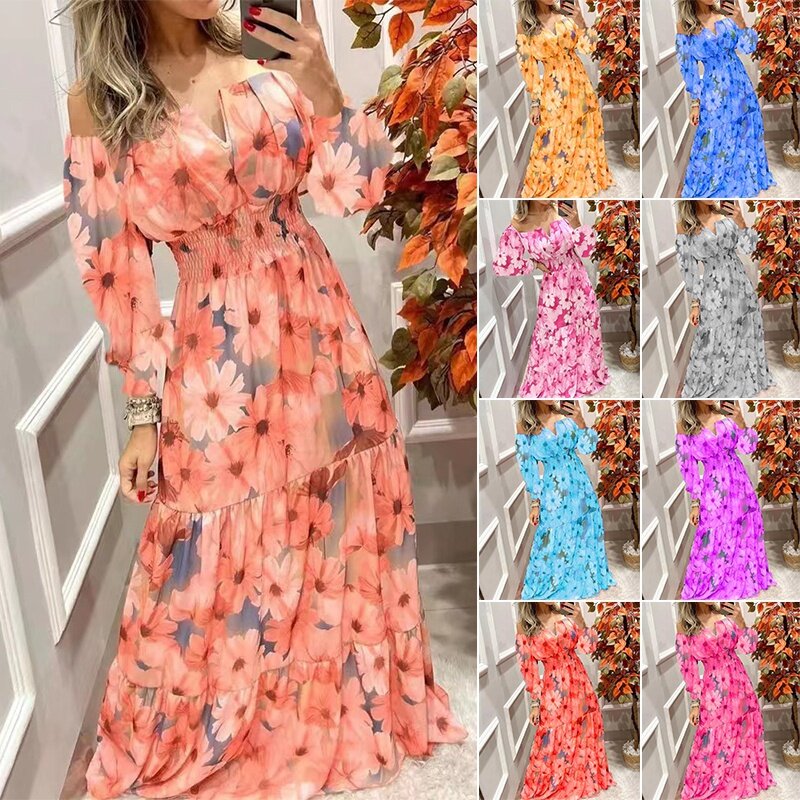 여성용 원숄더 꽃무늬 프린트 긴팔 오프숄더 V넥 허리 드레스, 빈티지 보호 맥시 여성 드레스, 2023 가을 패션