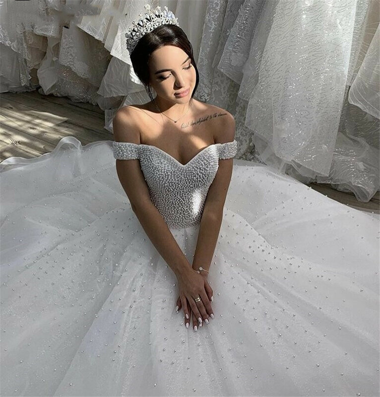 Sparkly Off the Shoulder Full Pearls Ballgown Wedding Dresses Cathedral Train Sweetheart Plus Size Robes de Mariage Bridal Gowns