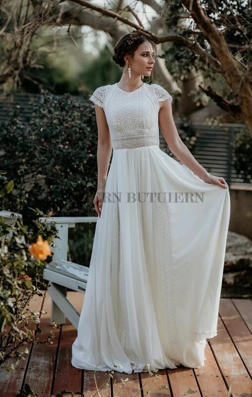 Vestidos de casamento boêmio com mangas de renda, Boho Long Noiva Vestidos, Chiffon Beach Bridal Gown, Branco