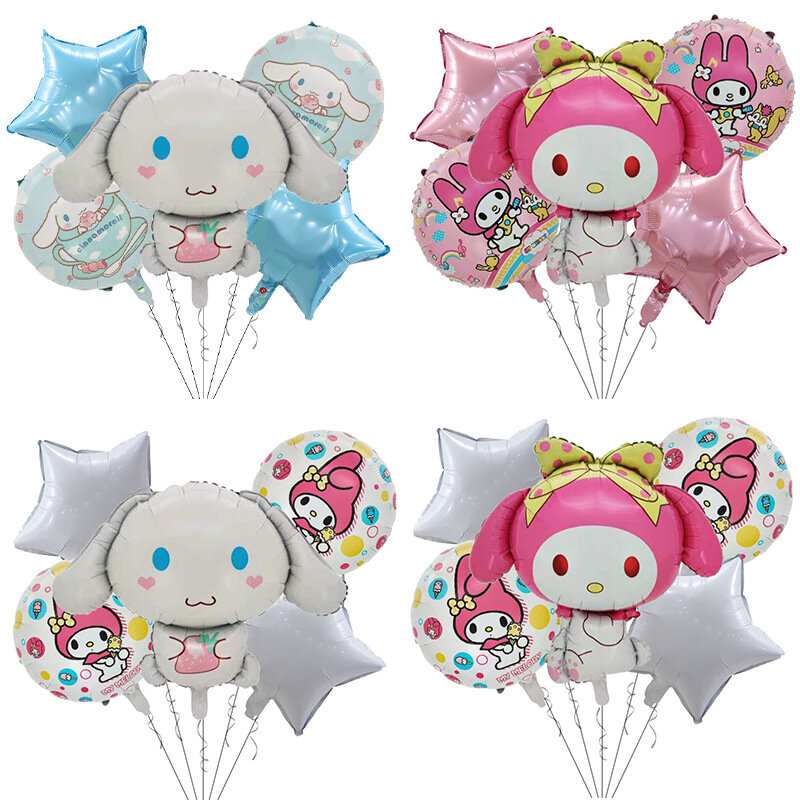 5 buah/Set Sanrios Kuromi Cinnamoroll Film aluminium balon Set untuk anak-anak pesta ulang tahun dekorasi kartun lucu pengaturan