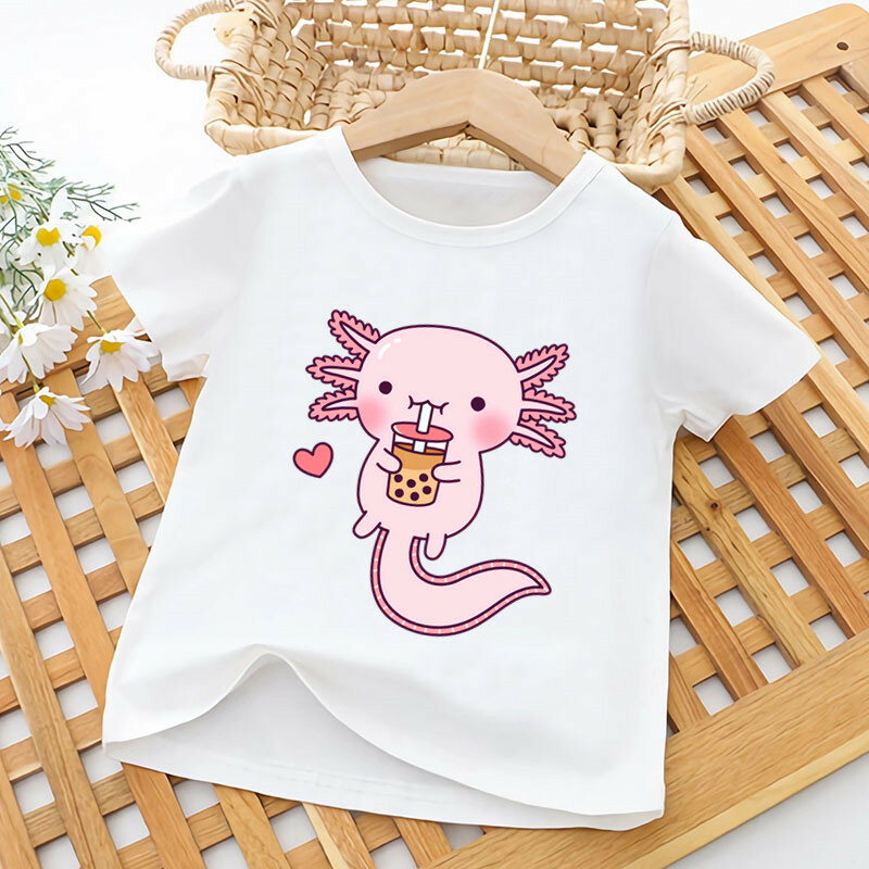 Śliczna Relax Axolotl Print zabawna dziecięca koszulka dla dziewczynek letnie topy chłopięce ubrania Cartoon Kawaii dziecięcy T-shirt z krótkim rękawem