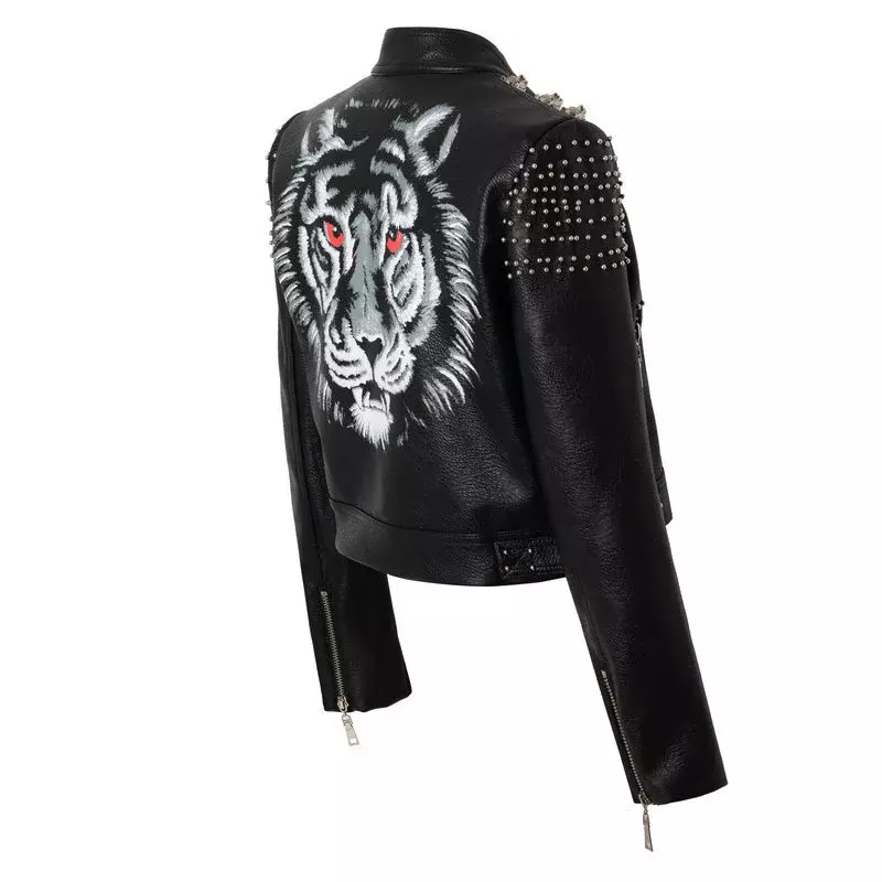 Jaket kulit crop hitam bertatahkan Steampunk wanita 2024 pakaian jalanan baru kontras gambar harimau jaket motor kulit imitasi