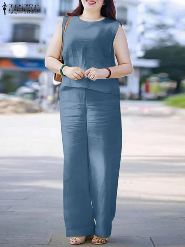 Zanzea ชุดวอร์ม2024ใส่ในเมืองสำหรับผู้หญิงชุด2ชิ้นชุดใส่วันหยุดแขนกุดกางเกงขายาวขากว้างสีพื้นลำลอง