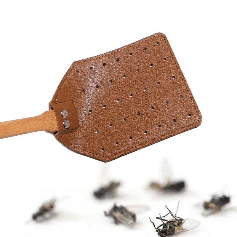 PU Leather Fly Swatter com cabo de madeira, Mosquito Swatter, resistente, durável, casa, ao ar livre, jardim