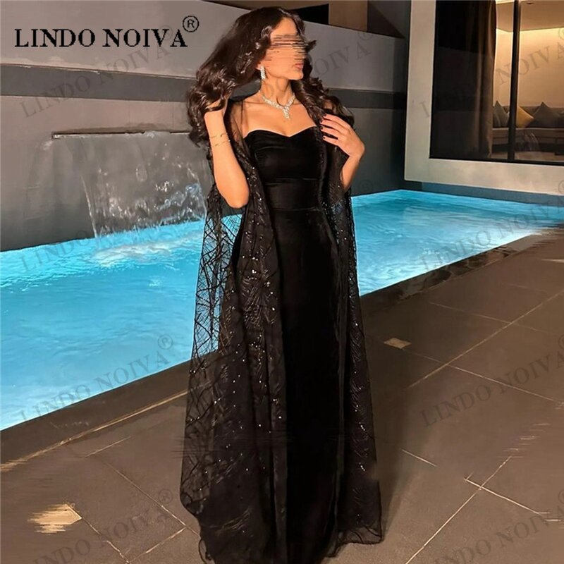 LINDO NOIVA gaun malam wanita Arab Saudi, gaun pesta hitam Satin payet renda berkilau dengan jaket, gaun Prom Sweetheart