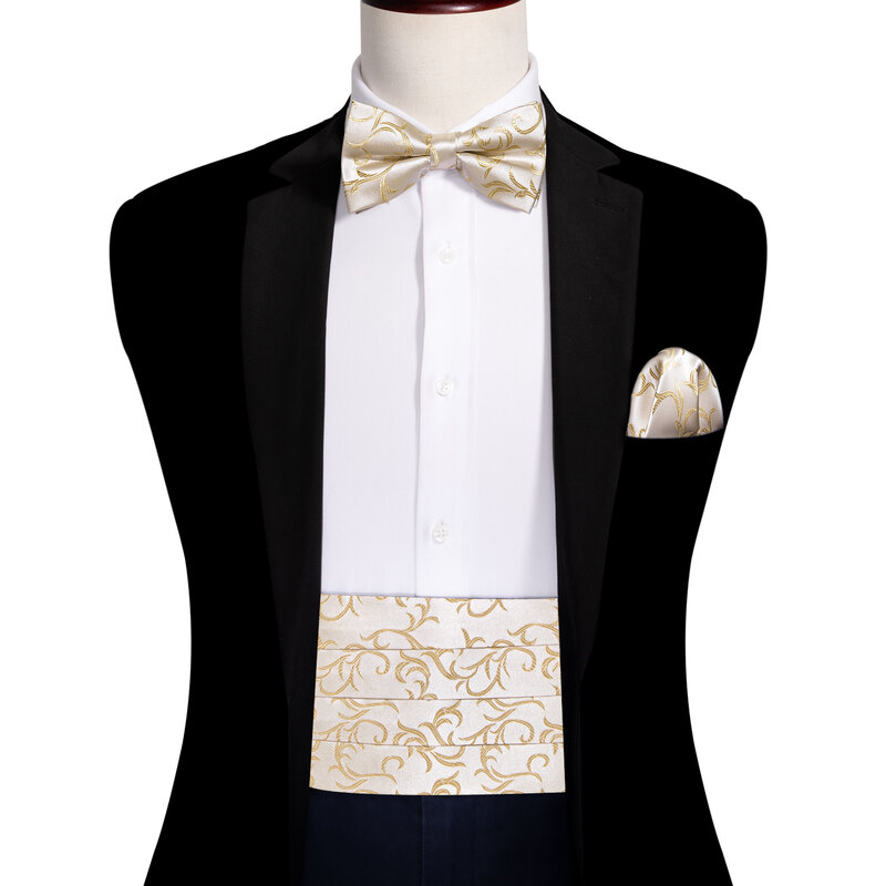 Barry Wang White Seda Cummerbund Set para homens, gravata borboleta floral, lenço, abotoaduras, smoking, designer elegante, festa de casamento
