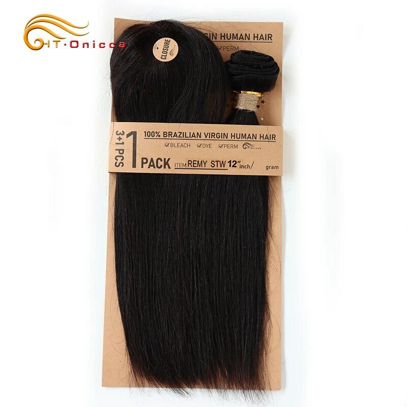 Curto Kinky Curly Pacotes de cabelo humano, Brazilian Remy Hair Weaves, 3 Pacotes com Encerramento, Natural Black Curly Bundles