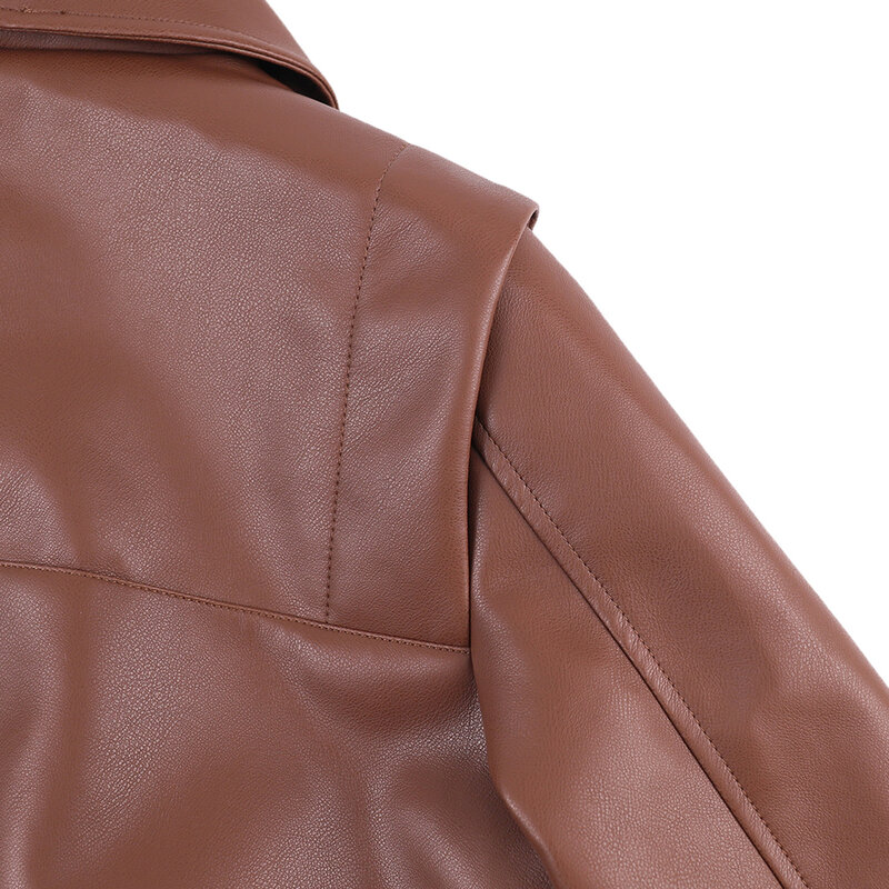 Jaket pendek kulit imitasi wanita, atasan Luaran mantel motor Retro ritsleting jalanan dengan sabuk 2024