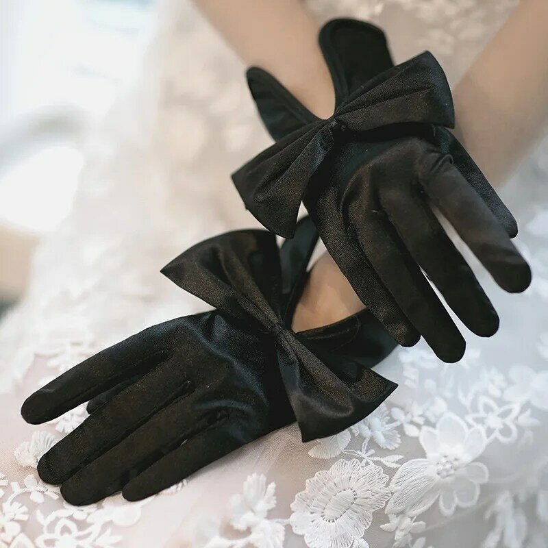Женские атласные тонкие перчатки в ретро стиле с бантом для ужина