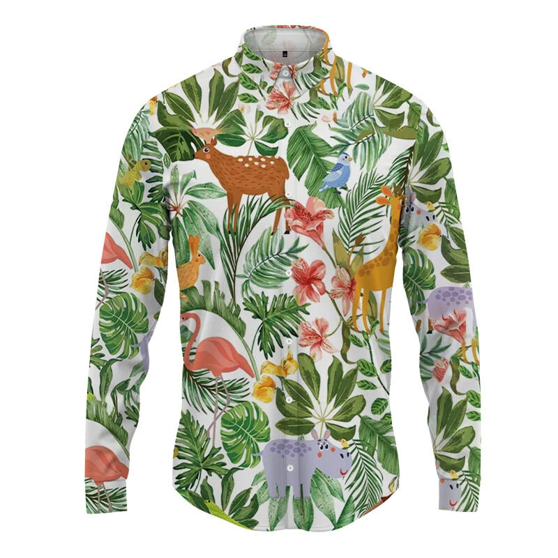 Camisa de manga comprida de planta floral masculina, roupa casual de lapela, tops verdes, estampa floral havaiana, mais nova