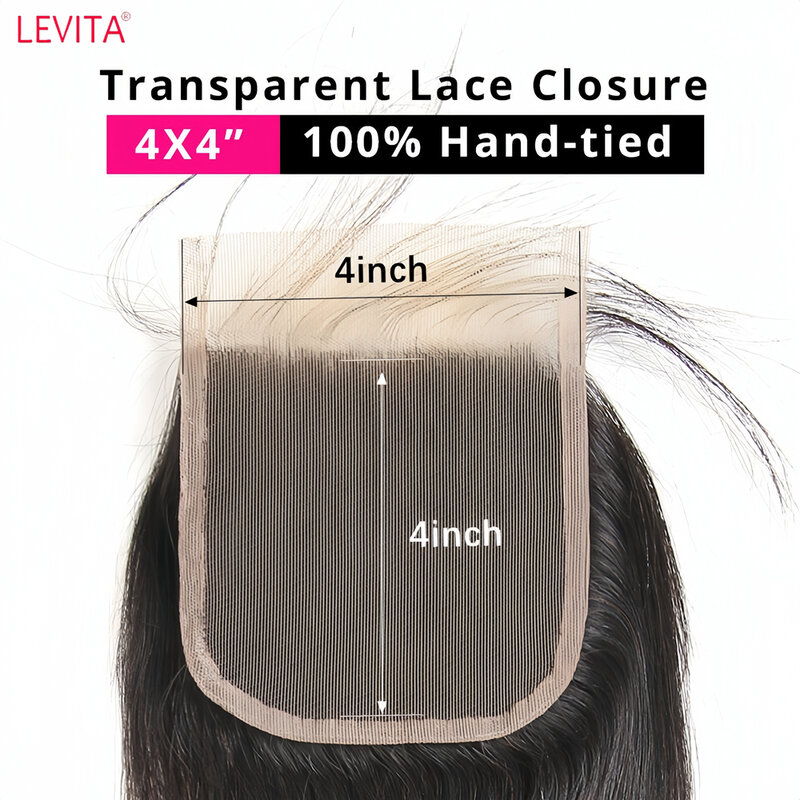 Lace Frontal Straight Peruvian Encerramento do cabelo humano, pré-arrancado, nós branqueados, Remy, 13x4, 4x4