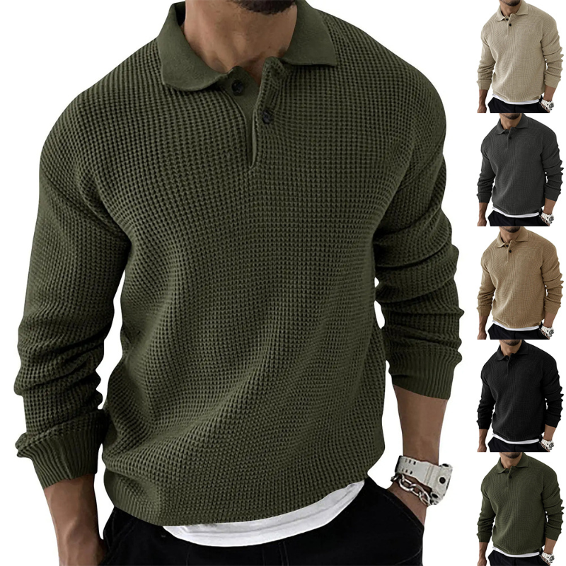 Suéter de punto con solapa de manga larga ajustado urbano a la moda para hombre