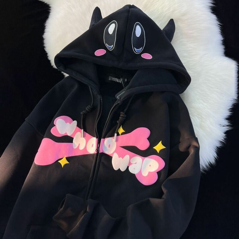 Kualitas Terbaik Hoodie Bordir Setan Wanita Jepang Manis Streetwear Kaus Kartun Pasangan Zip Up Hoodie Goth Y2k Pakaian
