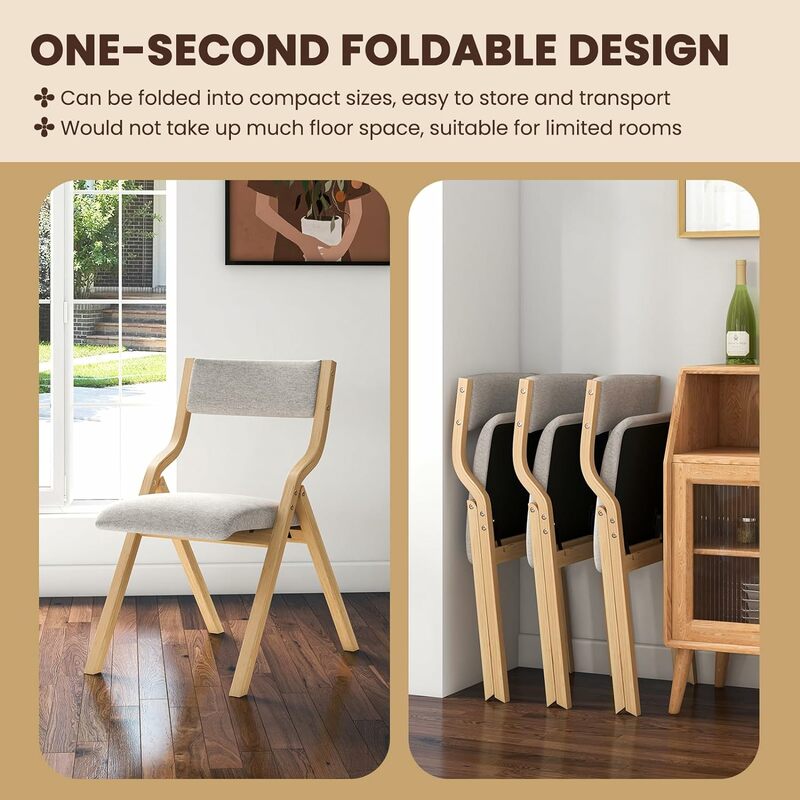 Folding Dining Chairs, No Assembly Folding Chairs w/Linen Padded Seats, Wood Foldable Kitchen Chairs, Store Extra Event Chairs