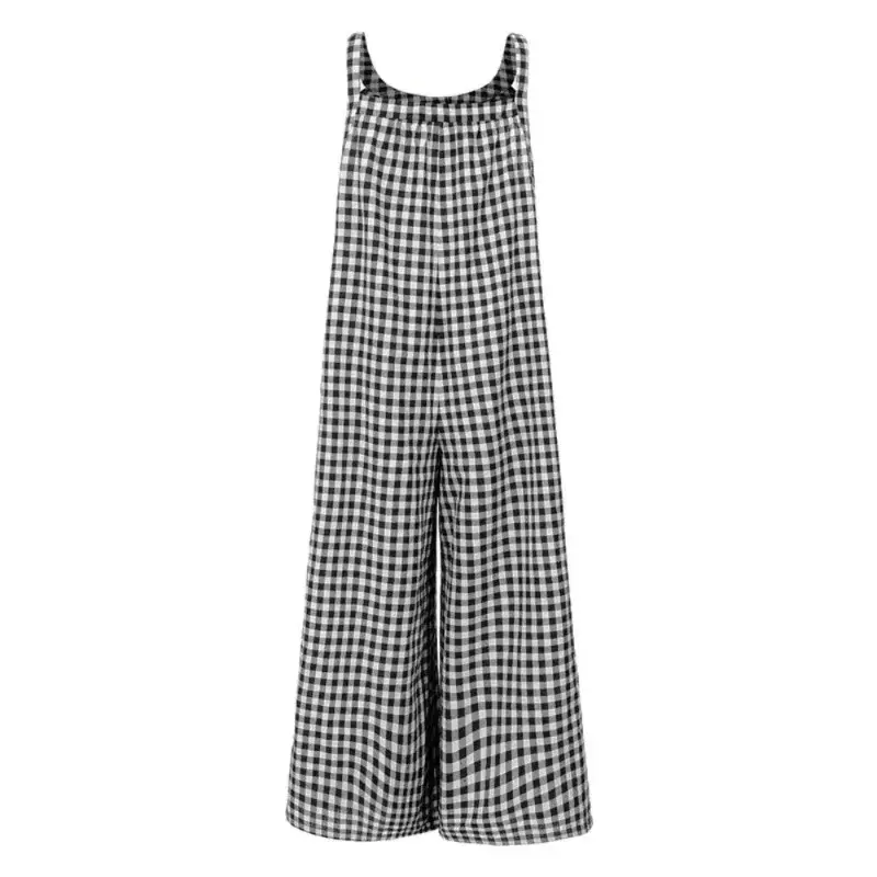 2024 Fashion Women Plaid Playsuits Summer Bohemian Jumpsuits Vintage Wide Leg Pants Casual Sleeveless Trousers Overalls