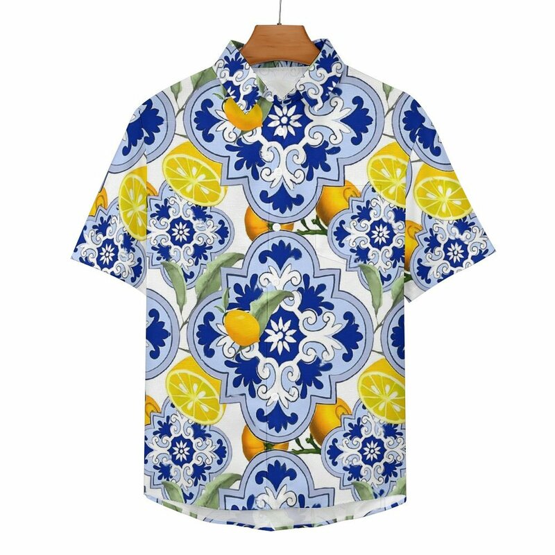 Camisa holgada Vintage con estampado de frutas para hombre, camisas informales de estilo siciliano para playa, diseño de verano, ropa de calle de manga corta, blusas de gran tamaño