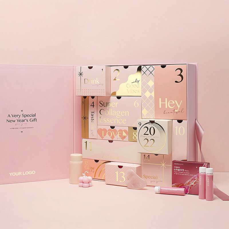Calendario de Adviento personalizado, embalaje de cosméticos de belleza, cuenta atrás, regalo de papel de cartón de lujo vacío, producto personalizado